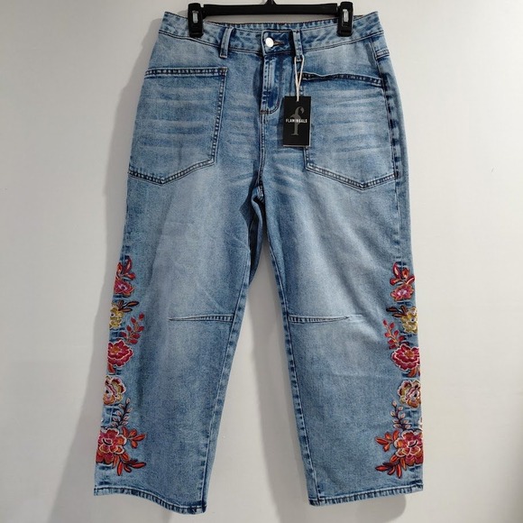 Flamingals Womens Floral Embroidered Wide Leg Cropped Jeans Light Wash Size L - Picture 4 of 16